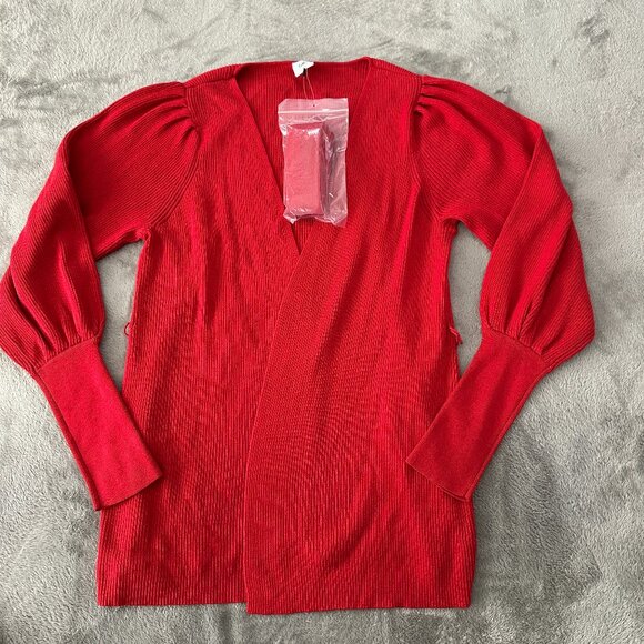 Cabi Caberet Red Ribbed Sweater Cardigan Belted Women's MEDIUM Puff Sleeve - Picture 1 of 6
